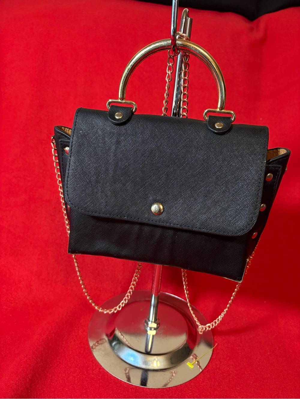 Black Mini Studded Faux Leather Crossbody Top Handle Satchel Gold Chain Bag